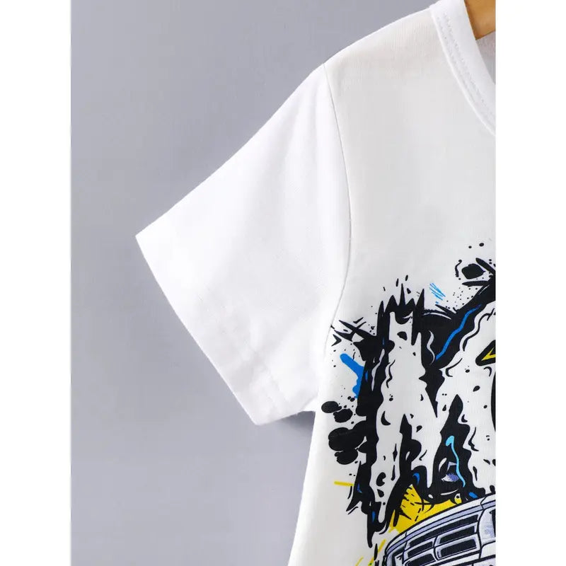 Boys' 2-Piece Fitted Cotton Blend Fashion Outfit - Cool Car Graphic Print, Graffiti Letter Casual Tee, Ripped Denim Shorts, Summer Clothes Kids, 3-8Y White 42404060