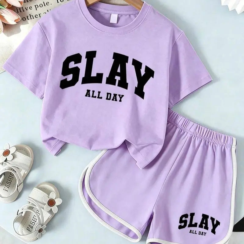 Girls' 2-Piece Summer Fashion Clothes Set - SLAY All Day Print Graphic T-Shirt, Contrast Trim Shorts Casual Tees Set for Kids Clothing Girls Teens, Fashion Clothes Sets, Graphic Print Set