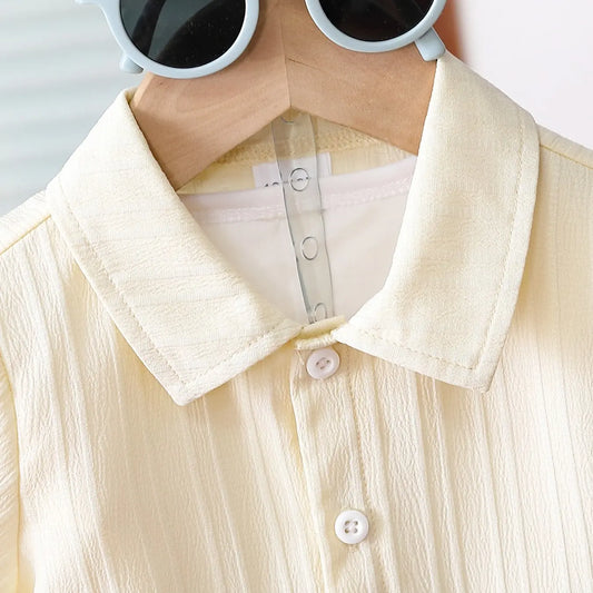 Boys' Light Color Two-Piece Casual Outfit Clothing Set, Children, Includes Collared Short Sleeve Cardigan and Elastic Waist Shorts, Soft and Comfortable, Ideal for Daily Use, Summer Clothing Set, Clothes Set