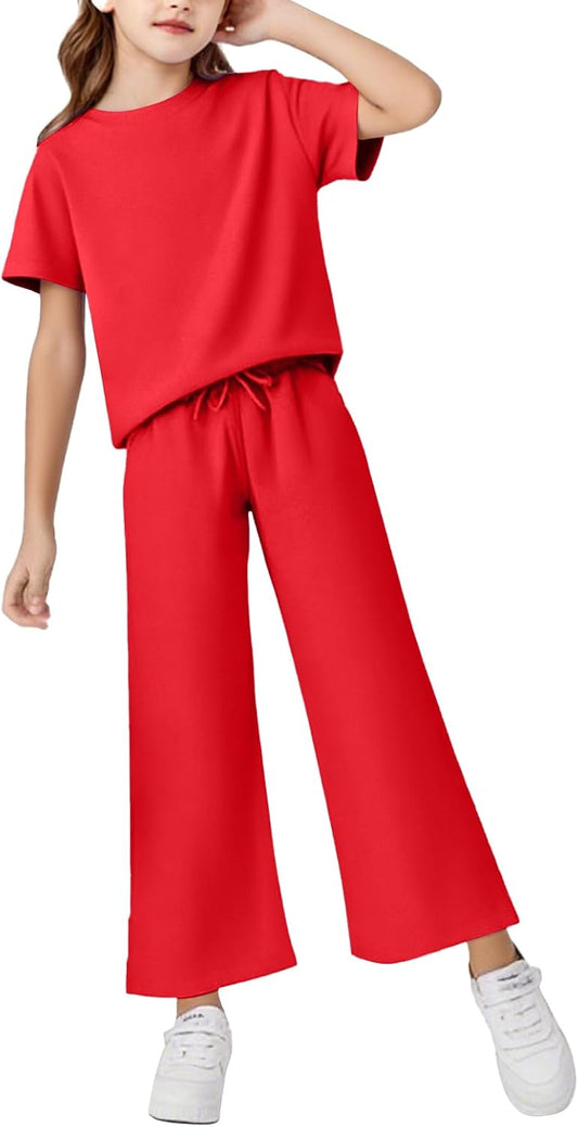 Girls Outfits Short Sleeve Shirts & Pants Sets With Pockets