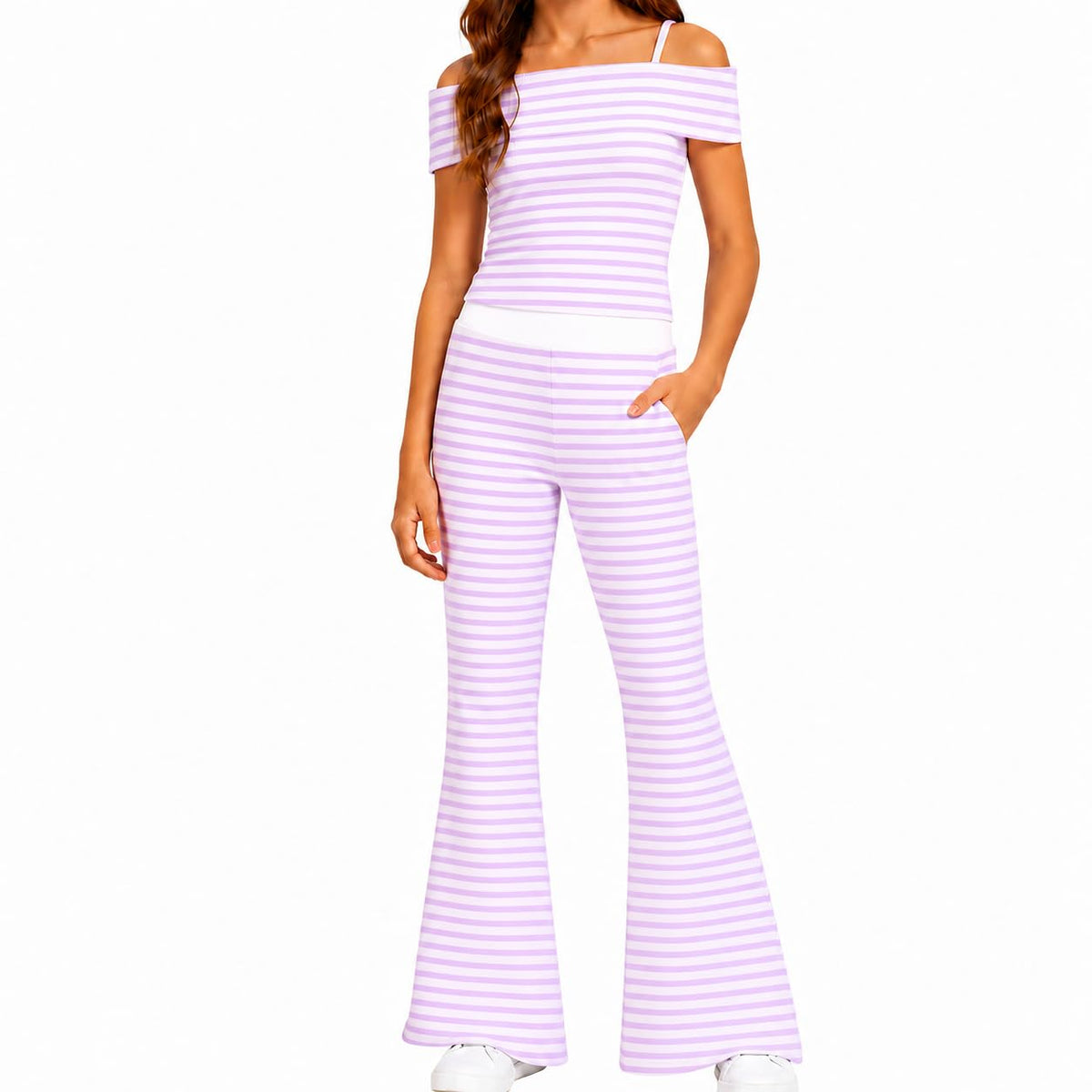 Girls 2 Piece Outfit Off Shoulder Fitted Striped Top & Flare Pants Set