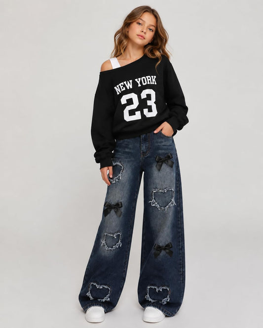 Tween Girl Clothes 2 Pieces Outfit Set Off Shoulder Top + Jeans Denim Fall Winter Spring Clothing, Size 8-16 Years