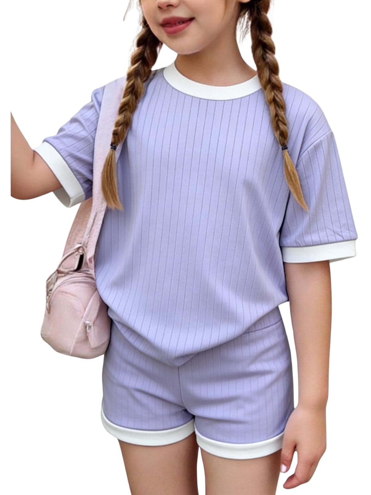 2026 6-12 Years Old Girls 2Pcs Spring Summer Outfits Set Crew Neck Short Sleeve Tops with Pocket Tie-Dye Shorts