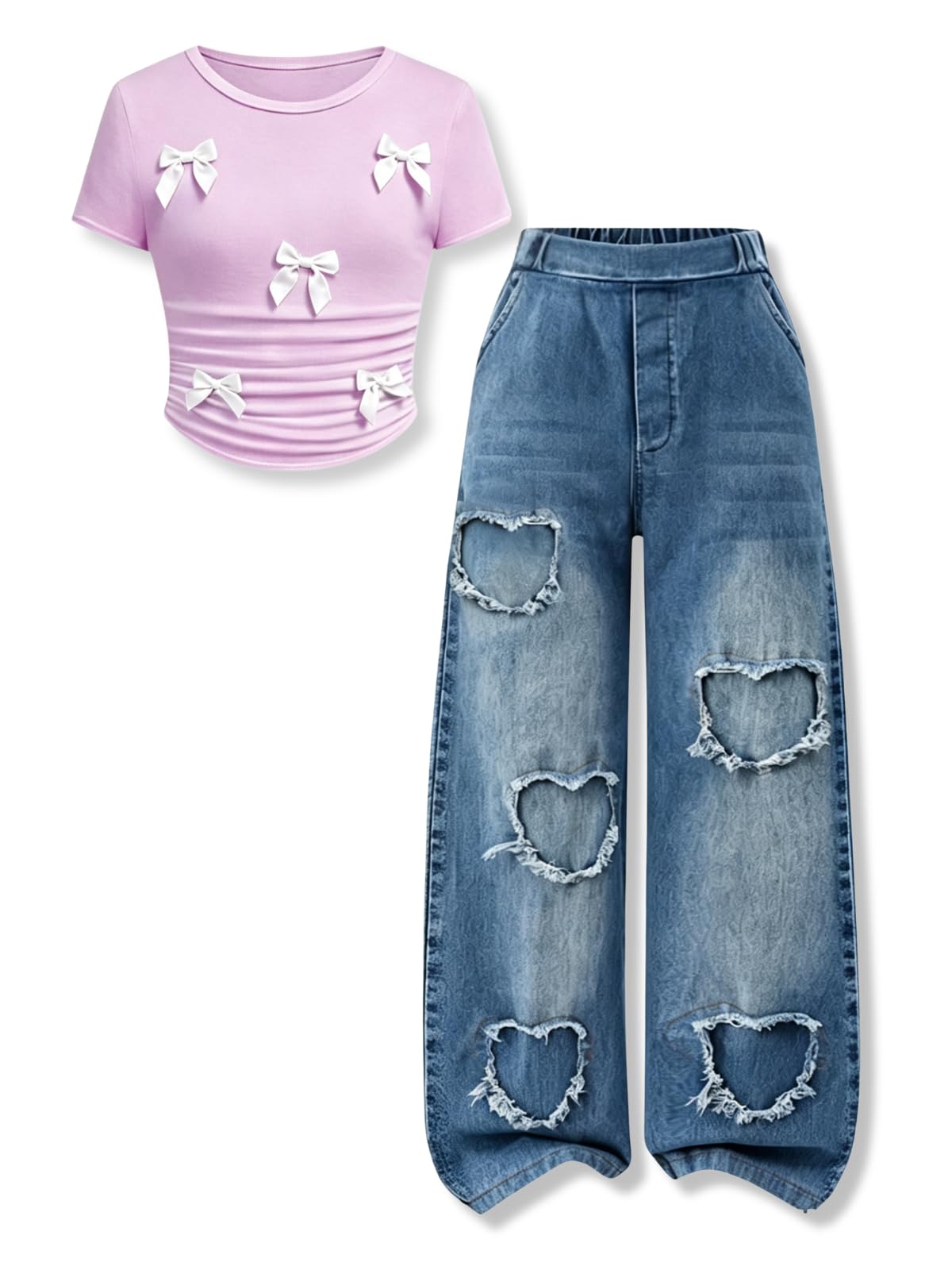 Size 7-14 Years Girls 2 Piece Outfits Bow Short-Sleeved Top and Jeans Pants Clothing Set