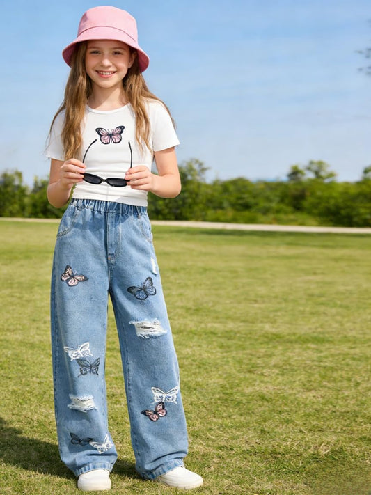 Azmxynol Tween Girl Clothes Short Sleeve Top + Butterfly Design Jeans 2 Pieces Spring Summer Outfit Set, Size 6-16 Years