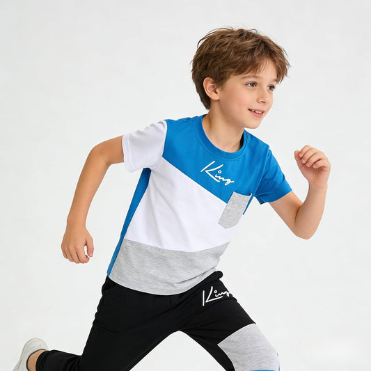 Axumity Tween Boys' 2-Piece Casual Outfit Spring Summer Short Sleeve Crewneck Top & Color Block Pants Size 6-13