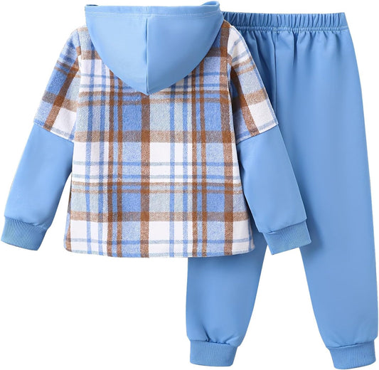 2Pcs Kids Boys Flannel Plaid Shirt Tops Pants Set Hoodie Sweatsuit for Fall Winter Spring Outfits 4-12 Years