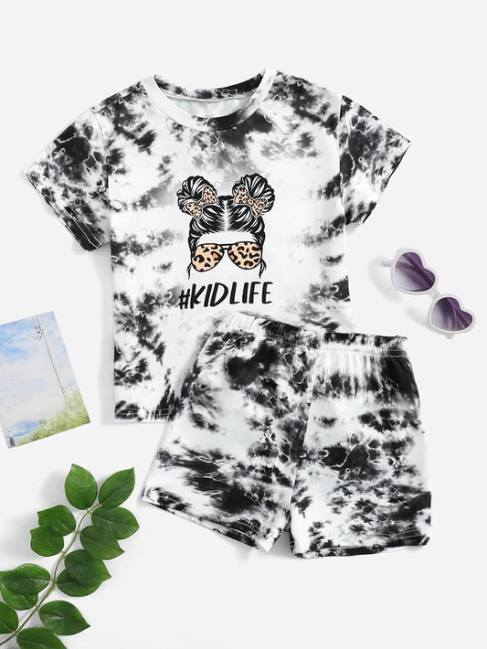 Axumity Kid Toddler Girl Clothes Summer Ruffle Sleeve Figure Graphic Shirt + Shorts Summer Outfits Set