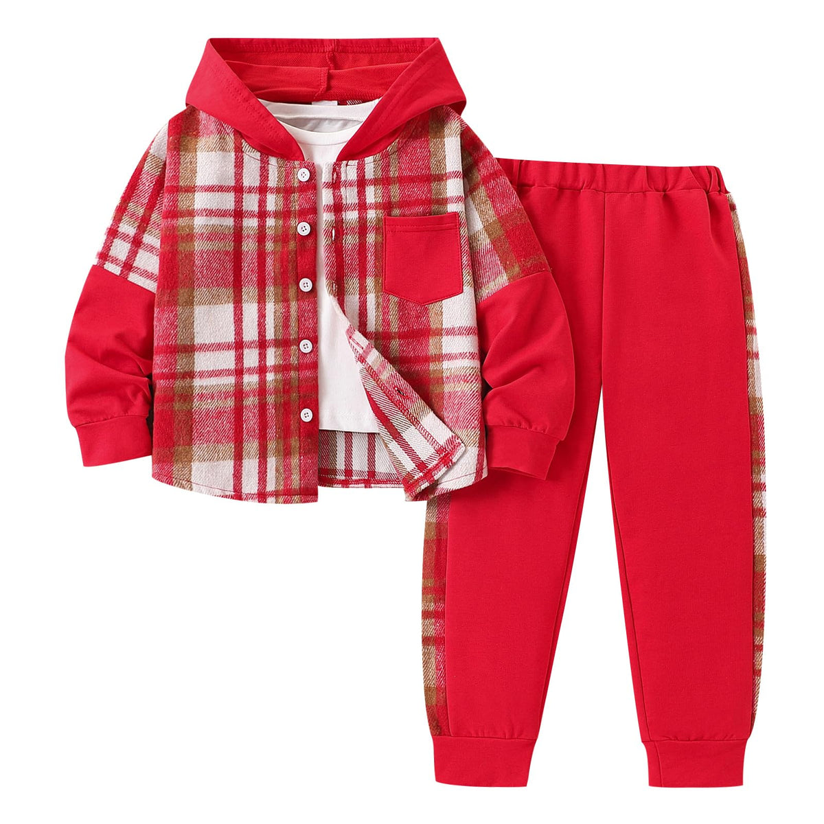 Azmxynol Boys Clothes Plaid Hooded Shirt 2pcs Outfit, Button Front Toddler Fall Winter Hoodie & Sweatpants Set, 4-8 years