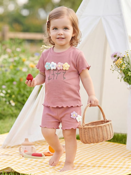 Yvowming Toddler Baby Girl Clothes Outfits,Summer Ruffle Ribbed Flower T Shirt Shorts Set Clothes for Girls
