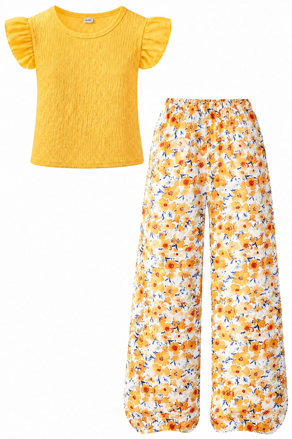 Yoxindax Tween Girls Outfit Set Ruffle Sleeve Smocked Top Floral Print Wide Leg Pants Casual Summer Clothes 7-14 Years