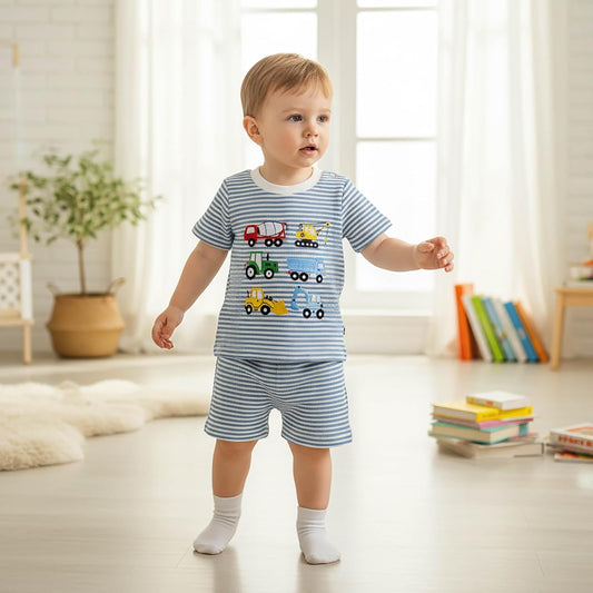 Toddler Baby Boy Summer Clothes Waffle Truck Embroidery Short Sleeve Tops T-Shirt and Shorts Sets Cute 2Pcs Outfits