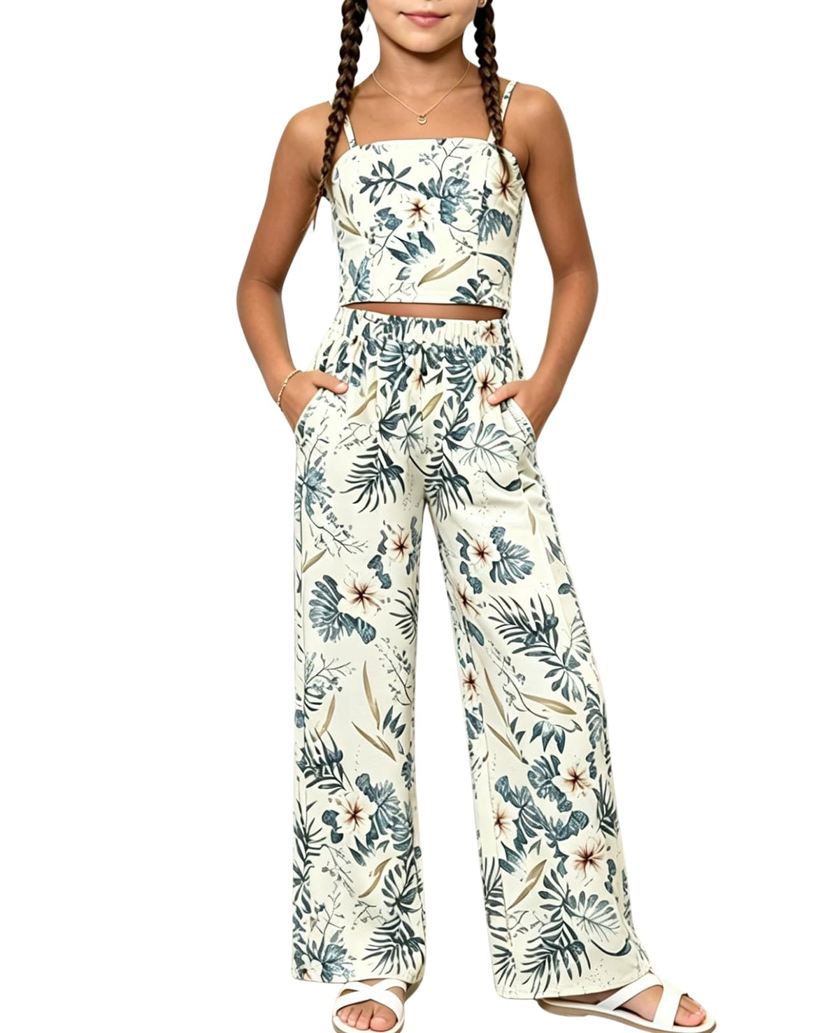 Ayzozuy Girls 2 Piece Outfit Sleeveless Peplum Top and Bow Print Wide Leg Pants Clothes for Tween Girls 7-14Y