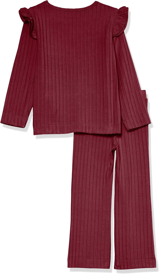 Amazon Essentials Girls' Wide-Rib Ruffle Top and Flare Pants Outfit Set, Pack of 2