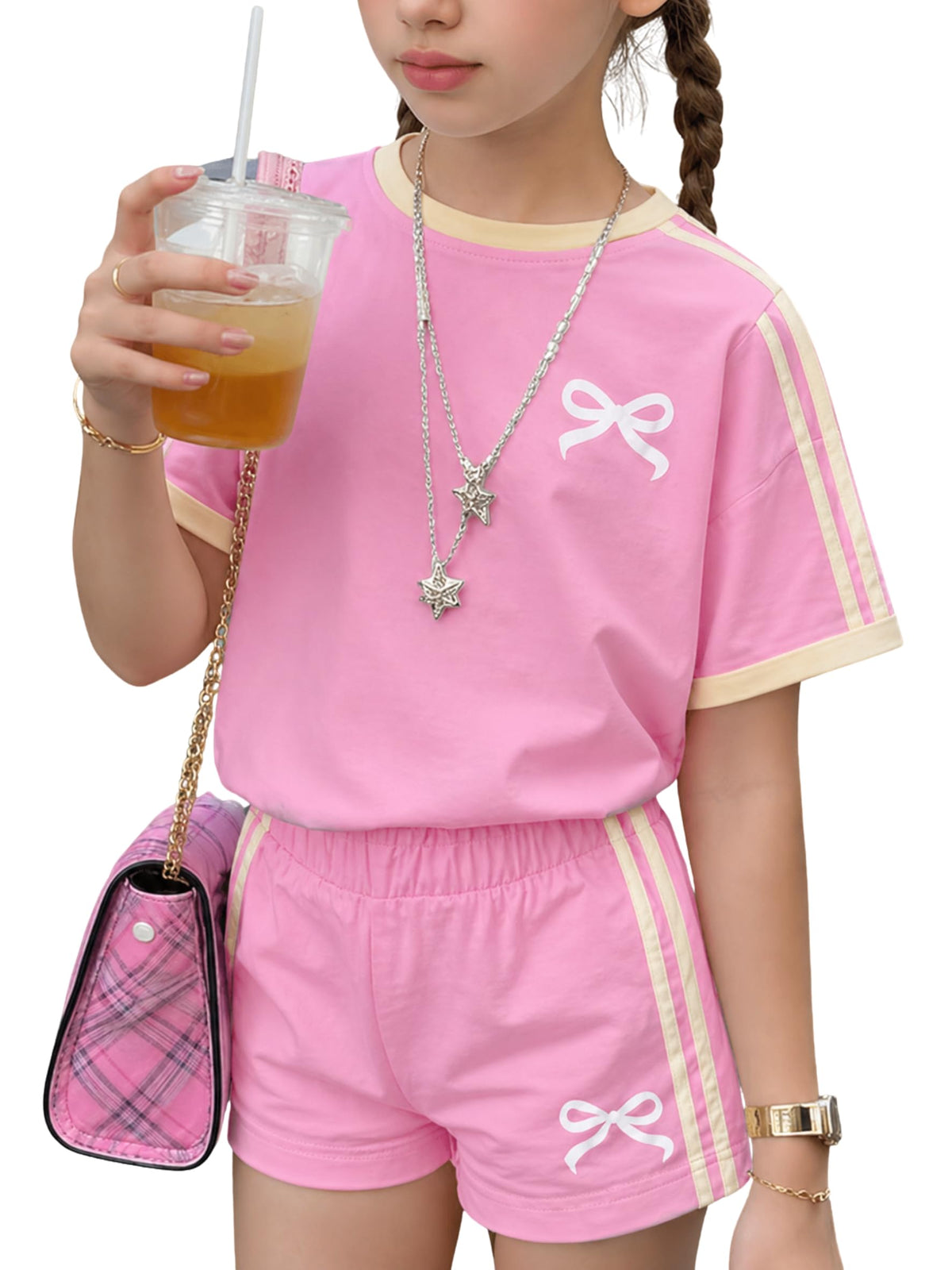 KIDLAGA Girls Shorts Sets 2 Pieces Outfits Bow/Cherry T-Shirt & Plaid Shorts Girls Summer Short Set 6-14Y