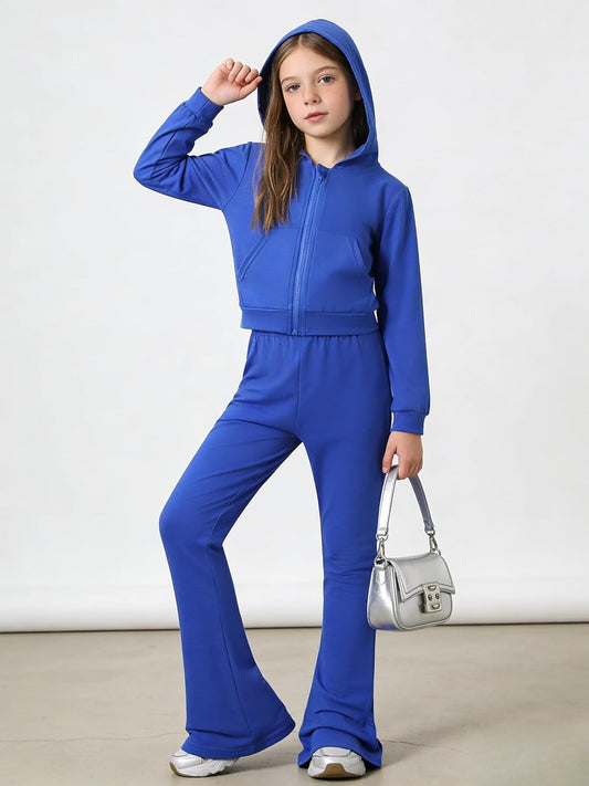 Teen Girls Clothes 2 Piece Spring Outfits Fashion Letter Print Hooded Zip Up Top Flare Pants Set for 7-14T