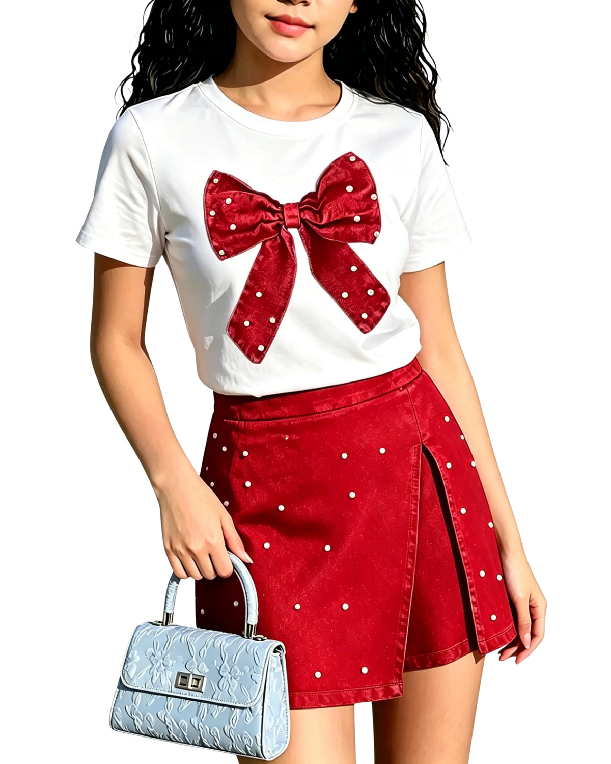 6-12Y Girls Summer Clothes Short Sleeve Bow Print T-Shirt Denim Skirt Shorts Set Tween Girls Outfits Set