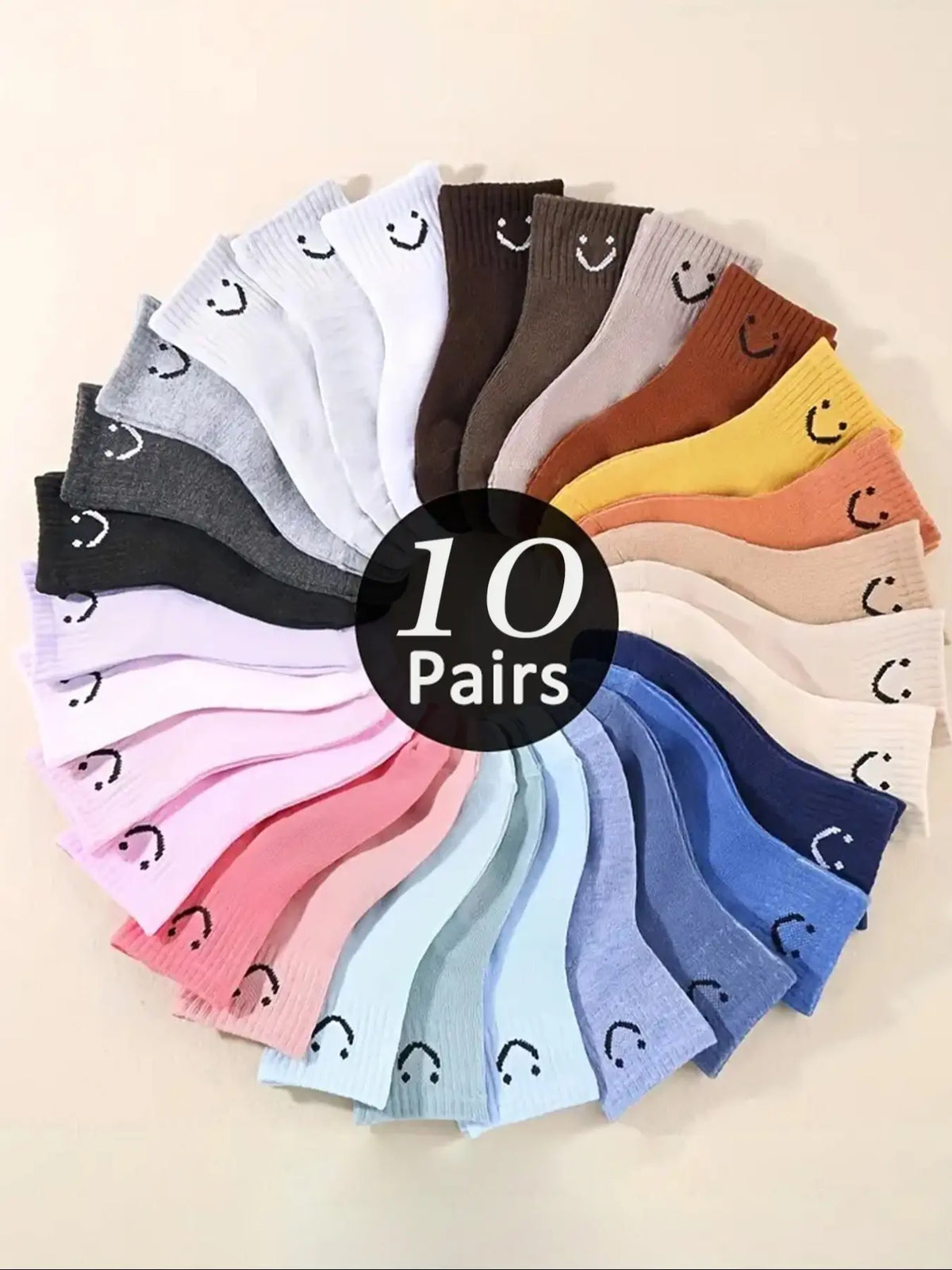 10 pairs plain-color cartoon smile patterned ankle-length socks, breathable, comfortable, casual and sporty style, suitable for boys and girls daily, Casual Stylish Socks Set, Casual Comfy Socks