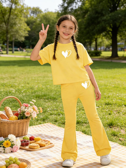 Tween Girls 2PCS Outfit Set 8-13Y Crop Top & Flare Pants with Bowknot and Heart Print Casual Girl Clothes