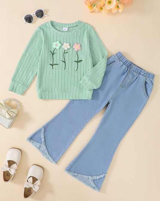 Toddler Girl Clothes Long Sleeve Top and Flare Jeans 2 Piece 2-8Y