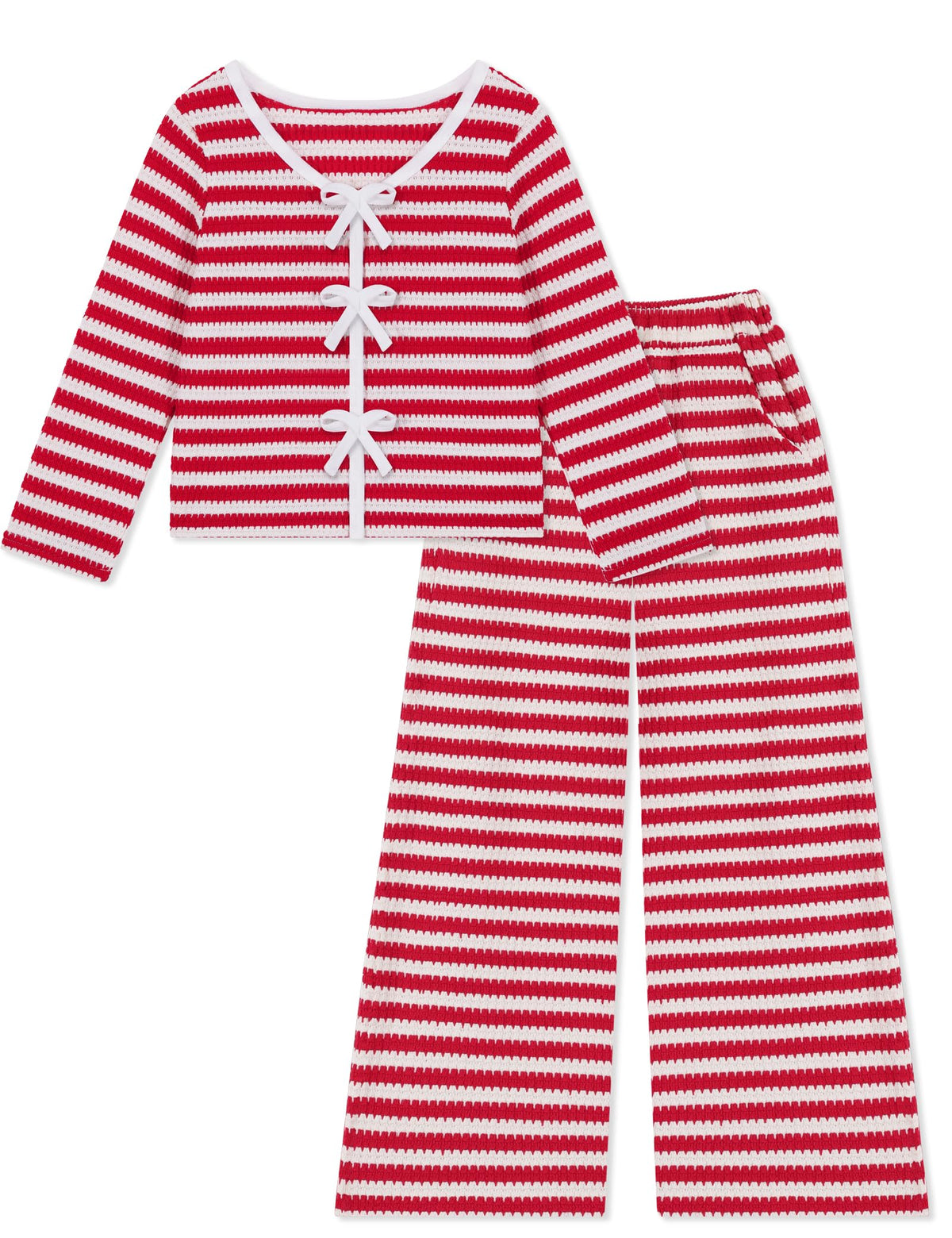 Weixinbuy Girls 2 Piece Lounge Set - Striped Knit Top and Wide Leg Pants