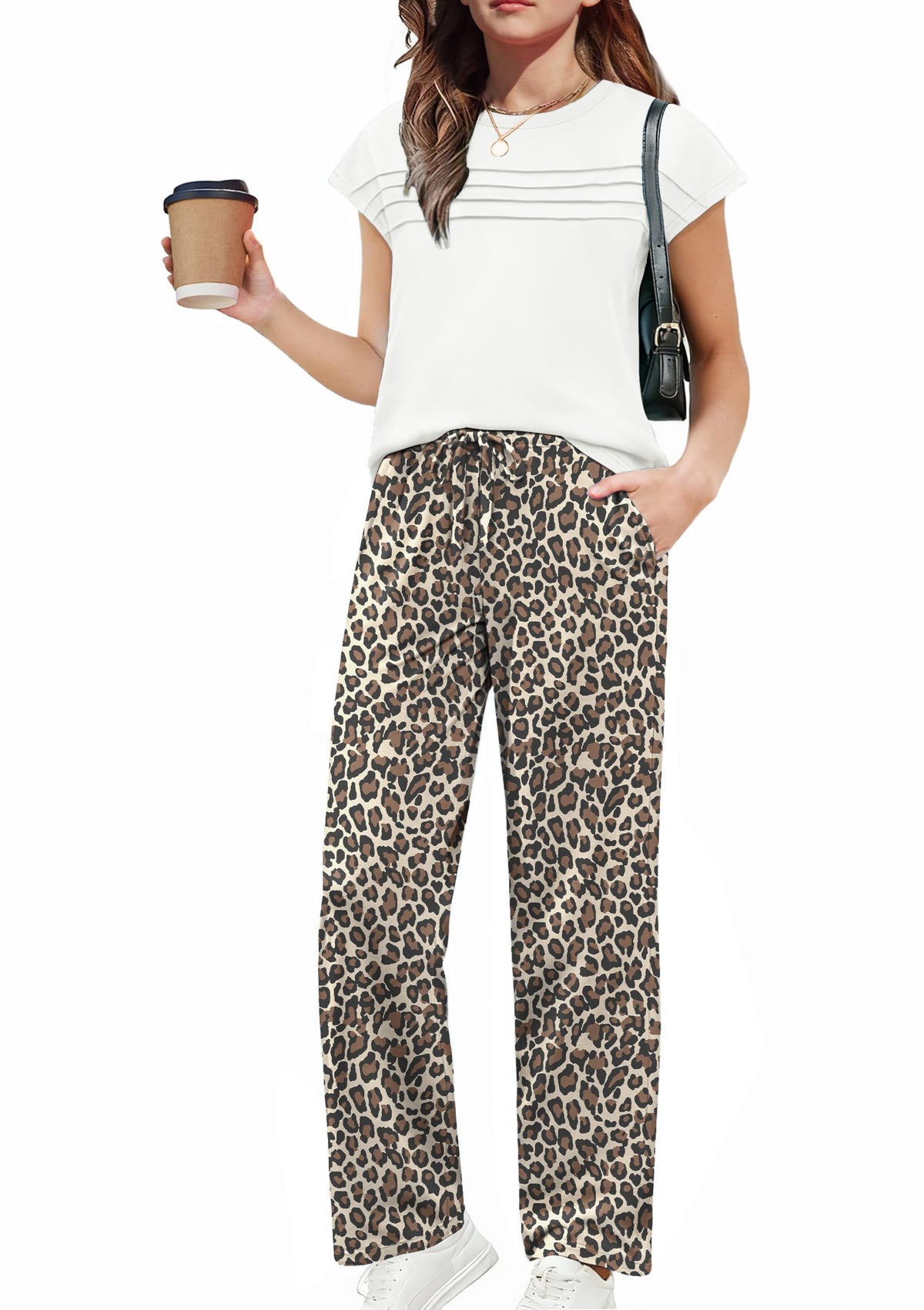 Arshiner Girls 2 Piece Outfits Short Sleeve Crewneck Tops Wide Leg Pant Set