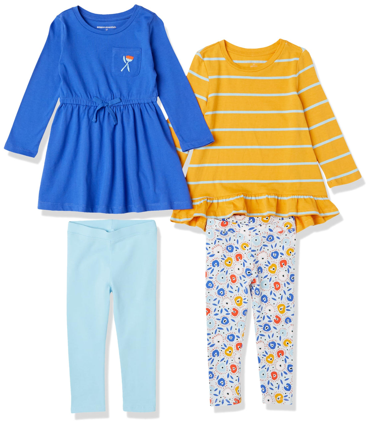 Amazon Essentials Girls and Toddlers' Long-Sleeve Ruffle Hem Outfit Sets with Bowknot Design