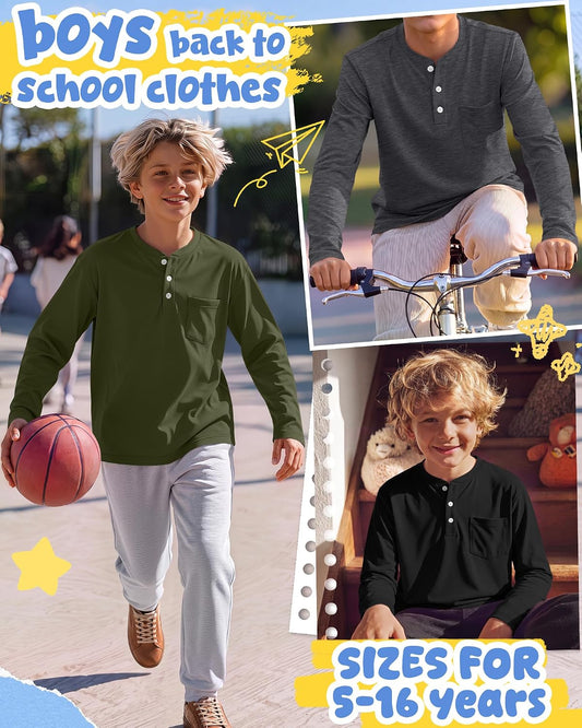 3 Pack Boys' Long Sleeve Shirts Henley Tops
