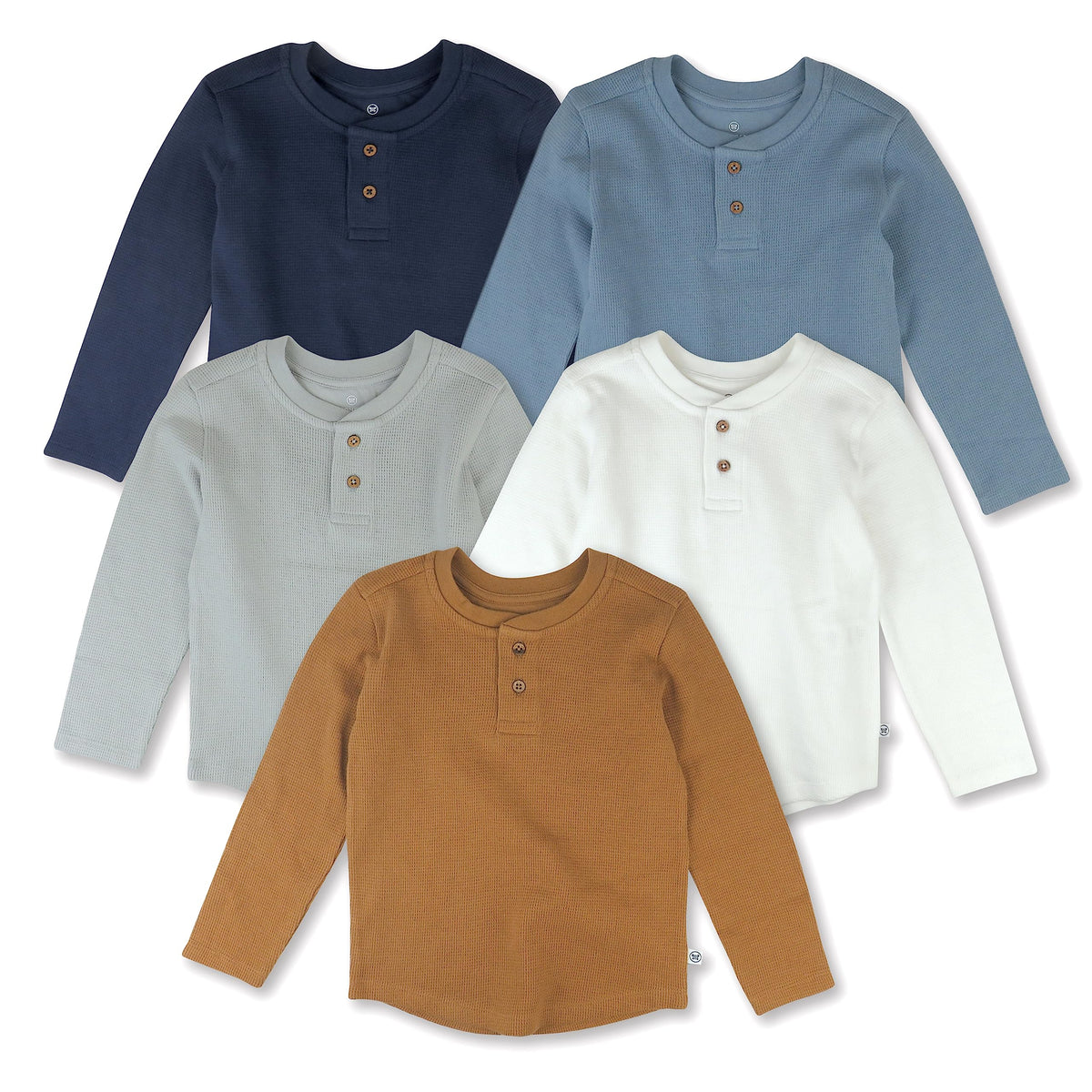 HonestBaby Boys' Baby Toddler & Kid Waffle Henley 100% Organic Long Sleeve Shirts (5-Pack)