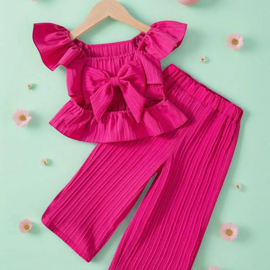 Girls' Summer Solid Color Two-Piece Set, Summer Clothes Set, Sleeveless Babydoll Top + Butterfly Knots + Casual Wide Leg Pants, Sweet & Versatile, Ages 1-7, Set Outfit