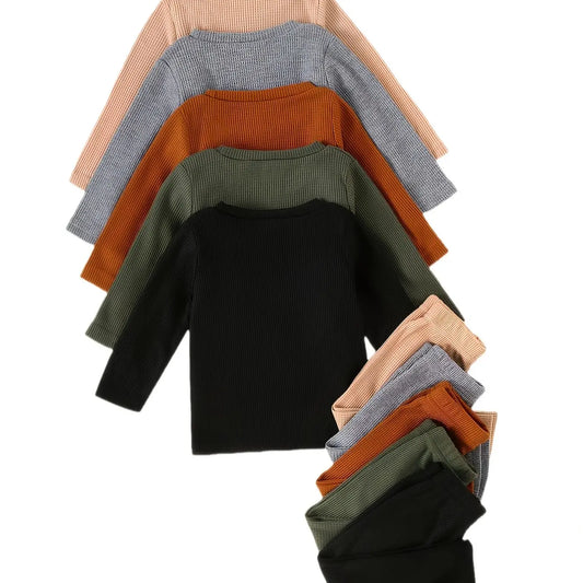 Boys' Casual Waffle Knit Long Sleeve Top & Pants Set, Clothing Sets, Clothes Sets, Soft Comfortable Plain Color, 10-Piece, Match Style Set, Matching Outfit Set, Outfits Set, Clothes Kids, Perfect for Daily Wear