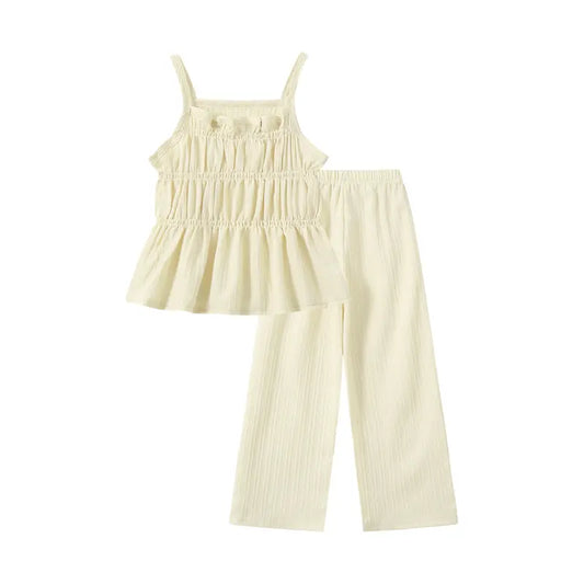 4-Piece Girls' #SummerVibes Summer Set: Solid-Color Pleated Waist-Cinched Strapless Top with Flowing Vertical-Stripe Wide-Leg Pants-A Simple, Versatile Casual Set Cute Clothing Set Fashion Set Matching Outfits Set