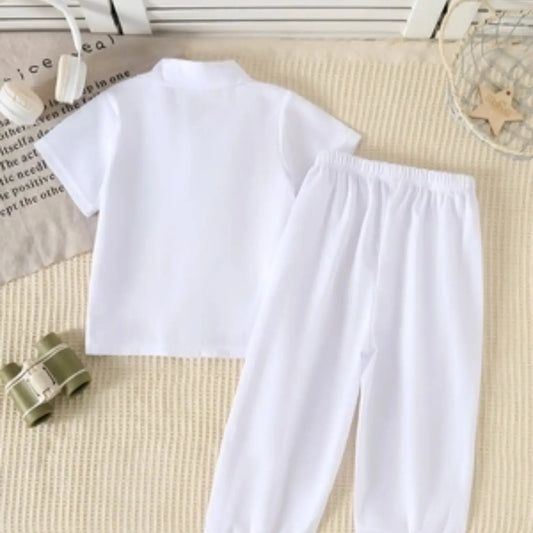 Summer Boys' 2-Piece Set, Outfits Set, Solid Color Casual Shirt with Lapel Collar, Short Sleeve, Comfortable Elastic Waist Pants, Fashionable Kids, Matching Set, Clothes Set