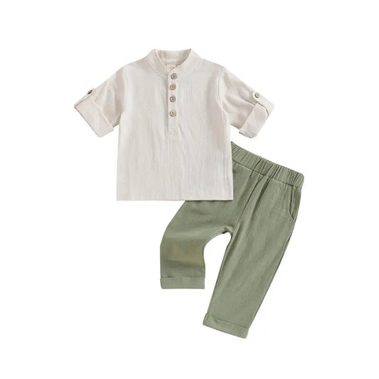 Kids Boys Outfits Solid Color Buttons Short Sleeve Shirts and Elastic Waist Long Pants 2Pcs Clothes Set