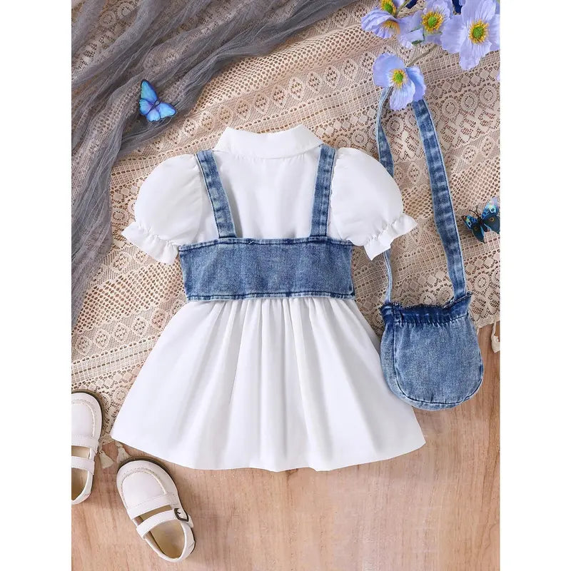 Girl's 3-Piece Casual Solid Polyester Blend Set - Bubble Sleeves Dress, Cropped Denim Vest (Set Includes Vest), Bow-Decorated Denim Crossbody Bag, Kids' Casual Wear