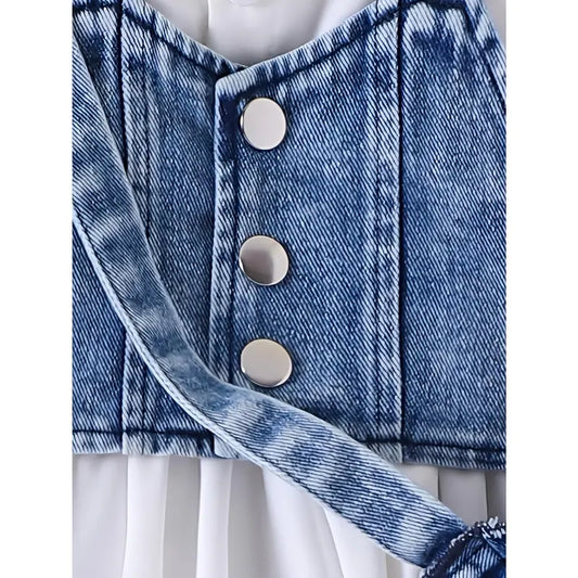 Girl's 3-Piece Casual Solid Polyester Blend Set - Bubble Sleeves Dress, Cropped Denim Vest (Set Includes Vest), Bow-Decorated Denim Crossbody Bag, Kids' Casual Wear