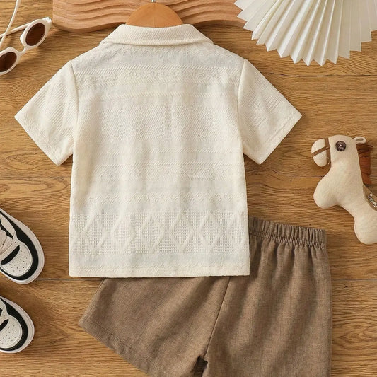Boys' Summer Casual Two-Piece Set, Easy to Wear, Textured Lapel Pocket Shirt & Shorts, Ideal for School, Outdoor Activities, Daily Wear, Clothing Sets