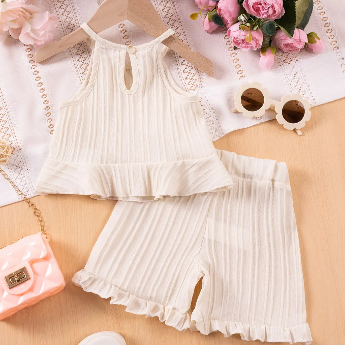 2pcs Girls Summer Fashion Sleeveless Casual Top Pure Color Shorts Comfortable Two-Piece Kids Clothing Clothes Kids