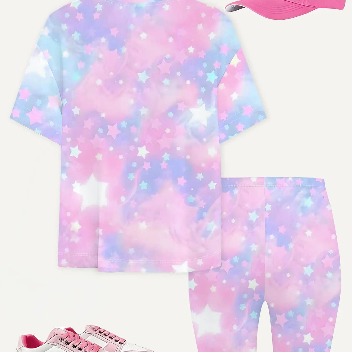 Girls' Summer Group Series T-Shirt Shorts Set, Dreamy Nebula Star Cartoon Print, Casual Streetwear, Perfect Gift for Kids, Outdoor Friendly, Summer Clothes Sets
