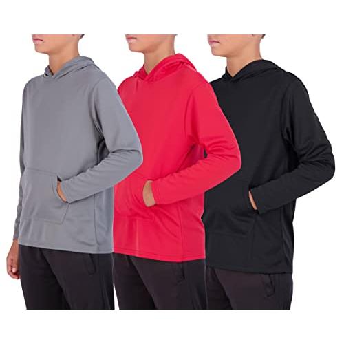 Real Essentials 3 Pack: Youth Mesh Long Sleeve Pullover Hoodie Active Sweatshirt - Kangaroo Pocket - Boys & Girls