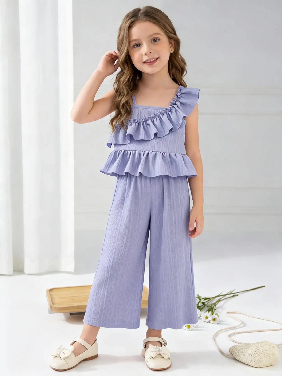 Girls' Summer New Ruffle Strap Wide Leg Pants Set, Sleeveless Top with Multi-Layer Ruffles, Solid Color, Sweet Casual Style, Ages 3-8, Clothes Kids