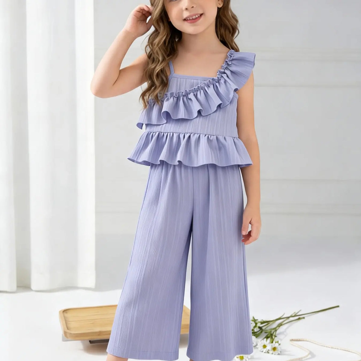 Girls' Summer New Ruffle Strap Wide Leg Pants Set, Sleeveless Top with Multi-Layer Ruffles, Solid Color, Sweet Casual Style, Ages 3-8, Clothes Kids