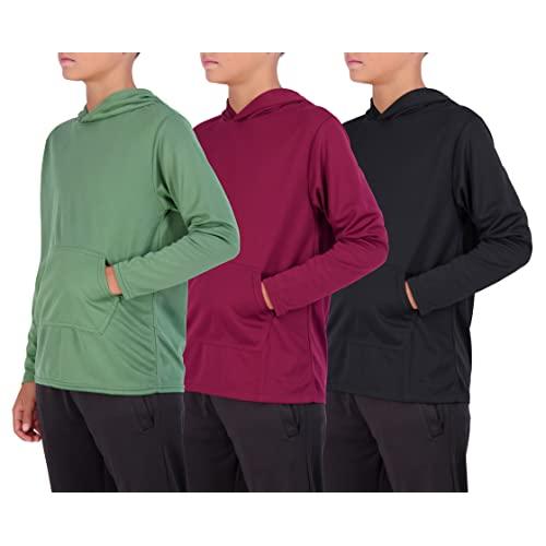 Real Essentials 3 Pack: Youth Mesh Long Sleeve Pullover Hoodie Active Sweatshirt - Kangaroo Pocket - Boys & Girls