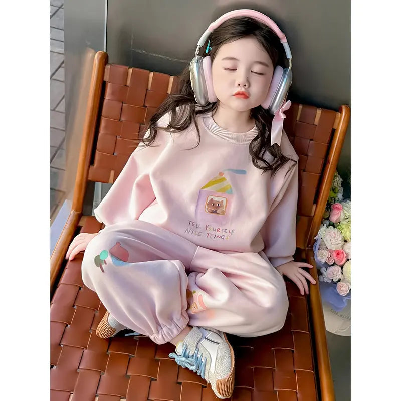 Girls' Casual Cartoon Print Sweatshirt and Pants Set - Soft Pink with Pockets, Long Sleeve, Loose Fit, Spring/Fall Outdoor Wear, Casual Attire, Casual Wear, for Outdoor, For Teenager