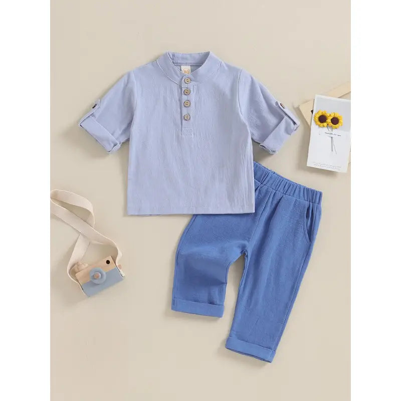 Kids Boys Outfits Solid Color Buttons Short Sleeve Shirts and Elastic Waist Long Pants 2Pcs Clothes Set