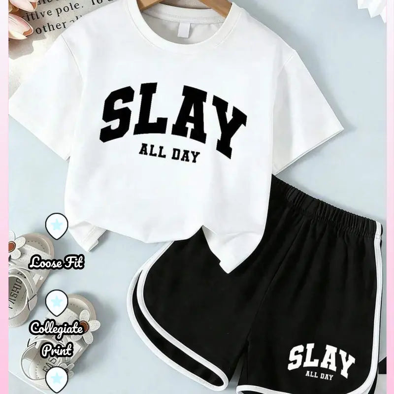 Girls' 2-Piece Summer Fashion Clothes Set - SLAY All Day Print Graphic T-Shirt, Contrast Trim Shorts Casual Tees Set for Kids Clothing Girls Teens, Fashion Clothes Sets, Graphic Print Set