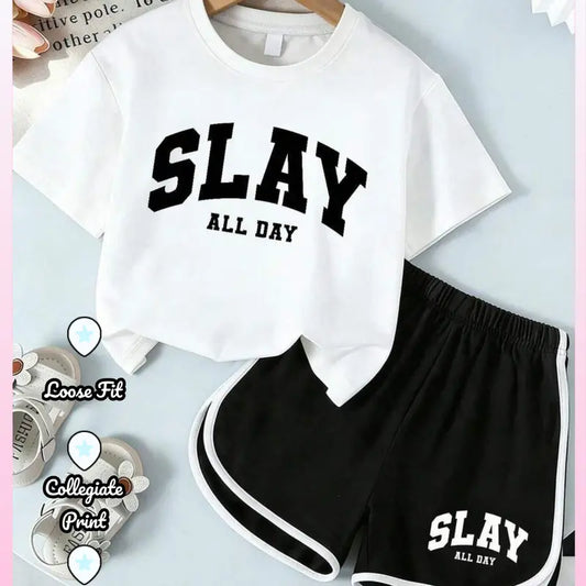 Girls' 2-Piece Summer Fashion Clothes Set - SLAY All Day Print Graphic T-Shirt, Contrast Trim Shorts Casual Tees Set for Kids Clothing Girls Teens, Fashion Clothes Sets, Graphic Print Set