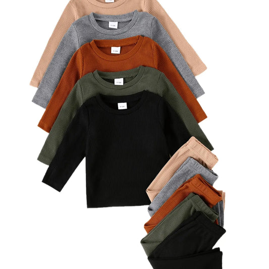 Boys' Casual Waffle Knit Long Sleeve Top & Pants Set, Clothing Sets, Clothes Sets, Soft Comfortable Plain Color, 10-Piece, Match Style Set, Matching Outfit Set, Outfits Set, Clothes Kids, Perfect for Daily Wear