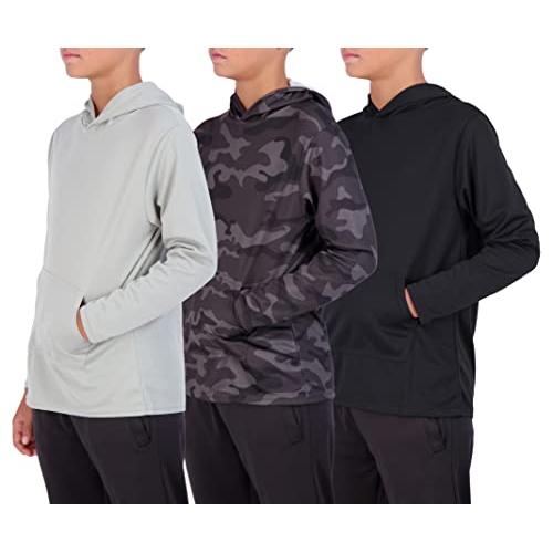Real Essentials 3 Pack: Youth Mesh Long Sleeve Pullover Hoodie Active Sweatshirt - Kangaroo Pocket - Boys & Girls