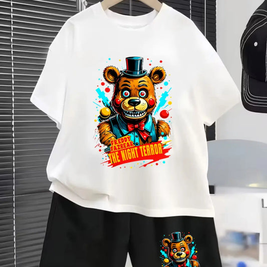 Five Nights At Freddy's Freddy Fazbear Printed Children's Short-Sleeved Set Summer Casual, Comfortable, Fashionable, Everyday, Outdoor Versatile T-Shirt And Shorts Set, Cartoon Printed Set, Ideal Gift Choice